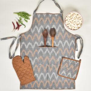 Apron, Oven Glove and Potholder Set in Grey Cotton Ikat
