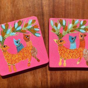 Handpainted Gond Coasters: Pink Three Deer (Set of 2)