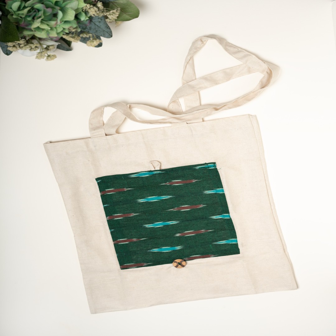 Foldable Tote Bag: Green Ikat (Single/Set of 3) - Image 2