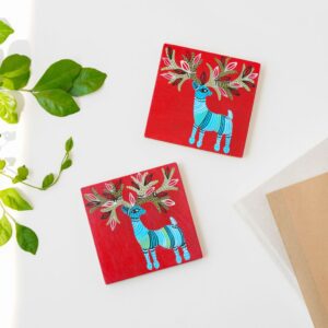 Handpainted Gond coasters: Red  Deer (Set of 2)
