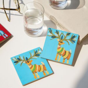 Handpainted Gond coasters: Sky Blue Deer (Set of 2)
